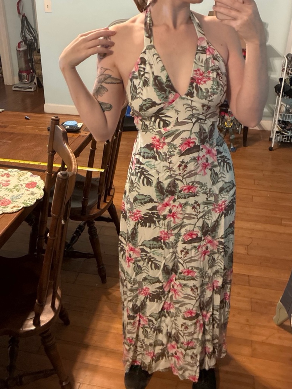 Tropical Halter Maxi Dress in Cream and Pink